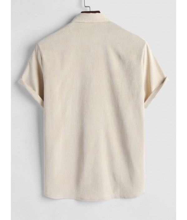 Men's 2 Piece Outfits Casual Basic Solid Color Pocket Corduroy Short Sleeves Button Up Shirt And Drawstring Shorts Set