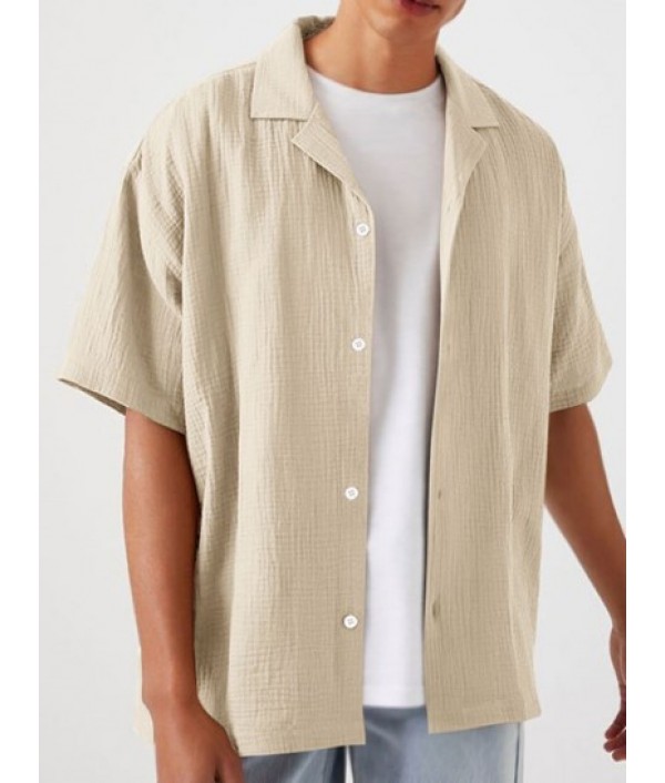 Men's Cotton And Linen Textured Wrinkle Short Sleeves Shirt And Soft Basic Drawstring Shorts Set