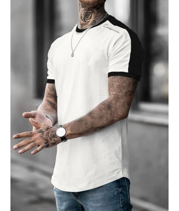 Men's Colorblock California Letter Pattern Short Sleeves T-shirt And Basic Casual Shorts Set