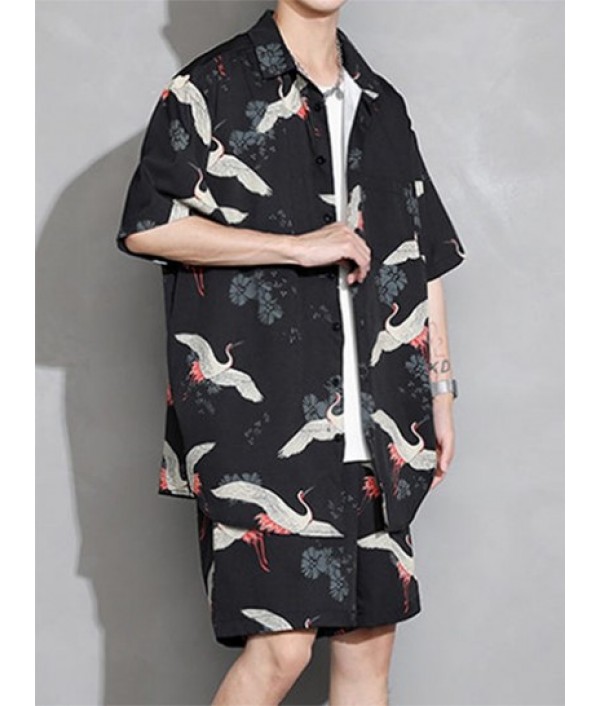 Men's Beach Vacation Matching Co Ord Chinese Style Crane Floral Print Short Sleeve Button Up Shirt And Drawstring Pockets Shorts Two Piece Set