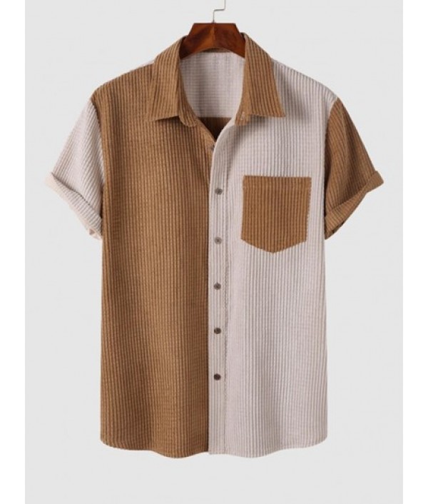 Colorblock Front Pocket Corduroy Short Sleeves Shirt And Drawstring Shorts Set