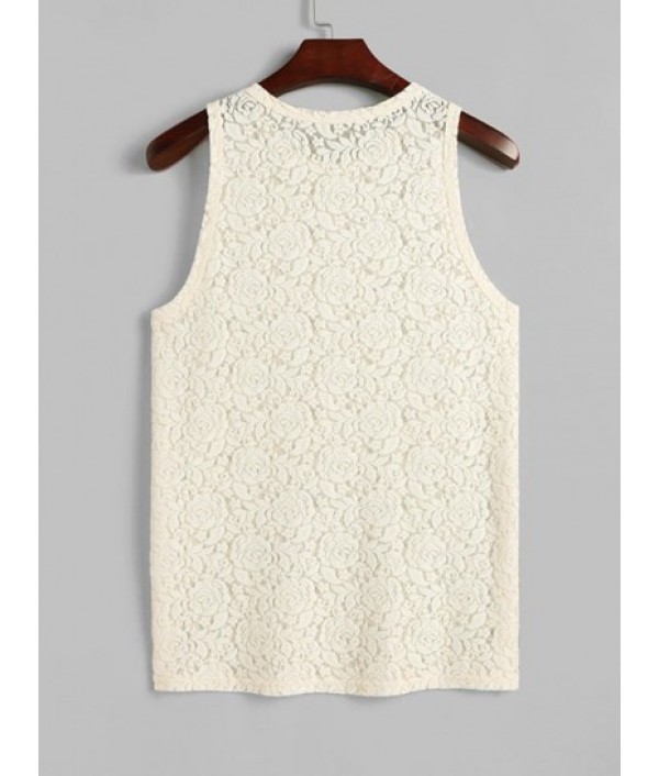 Men's Two Piece See Through Sheer Rose Lace Club Party Tank Top Sleeveless T Shirt And Geometric Retro Jacquard Drawstring Shorts Set