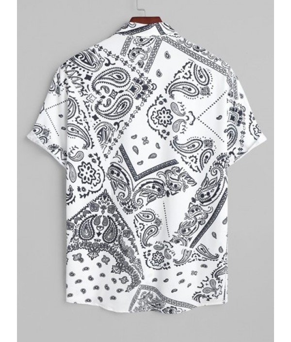 Men's Beach Vacation Ethnic Paisley Floral Patchwork Scarf Print Button Up Short Sleeve Shirt And Drawstring Pocket Bermuda Shorts Set