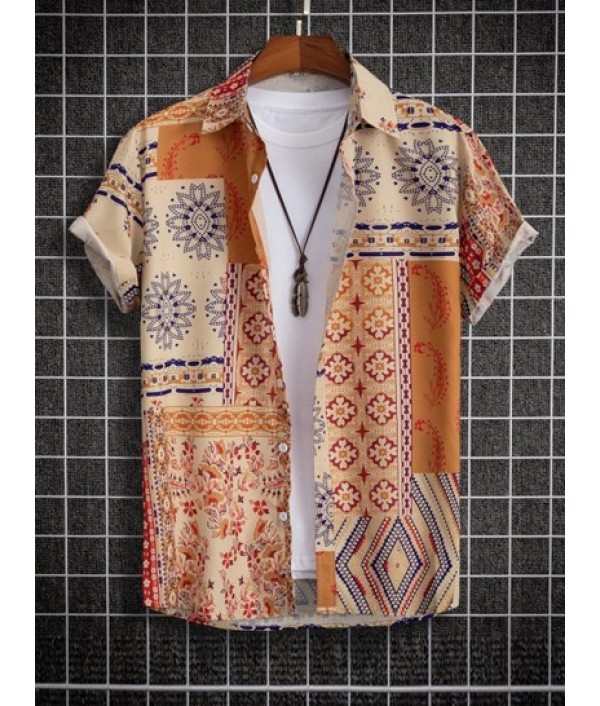 Retro Floral Print Patternblock Beach Vacation Shirt And Basic Casual Shorts Set Retro Floral Print Patternblock Beach Vacation Shirt And Basic Casual Shorts Set