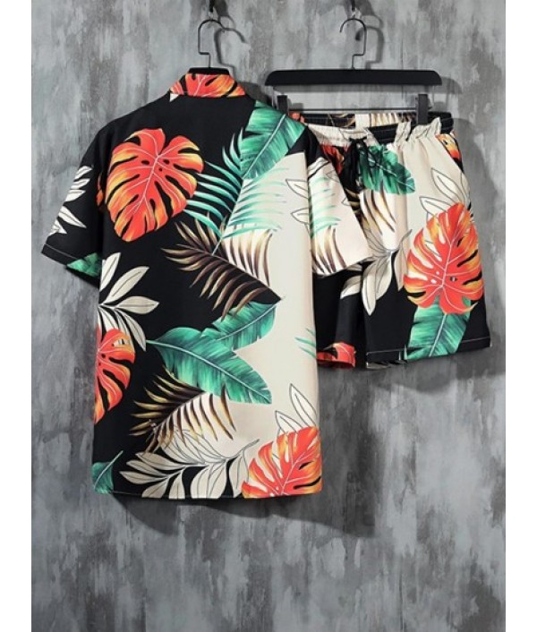 Men's Tropical Palm Leaves Printed Short Sleeves Button Front And Drawstring Shorts Vacation Set Men's Tropical Palm Leaves Printed Short Sleeves Button Front And Drawstring Shorts Vacation Set