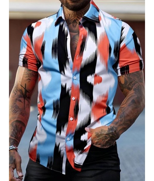 Men's Casual Beach Vacation Short Sleeves Abstract Print Colorblock Shirt And Basic Shorts Set