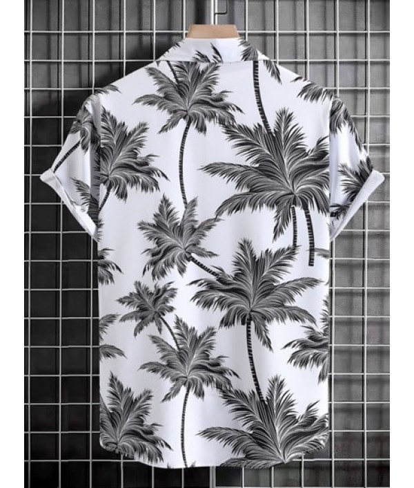 Coconut Tree Print Short Sleeve Hawaiian Shirt And Multi-pockets Cargo Ninth Pants Set