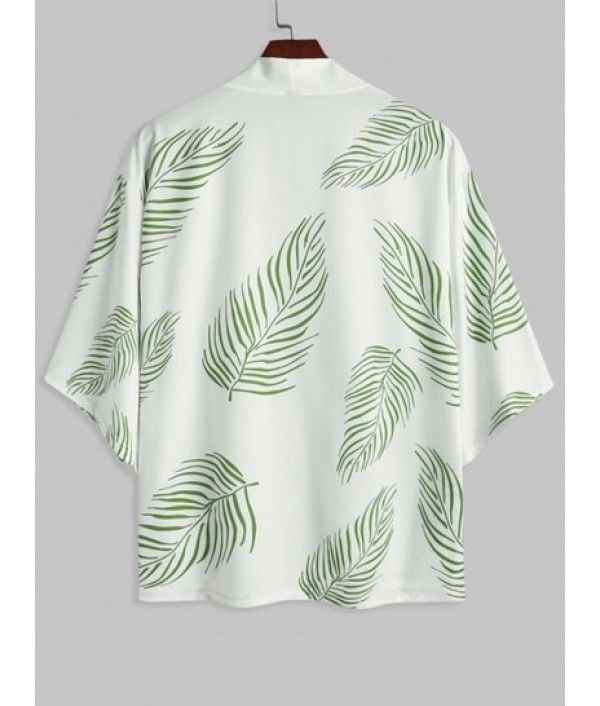 Tropical Palm Leaves Print Beach Kimono And Pocket Drawstring Beach Shorts Two Pieces Set Tropical Palm Leaves Print Beach Kimono And Pocket Drawstring Beach Shorts Two Pieces Set
