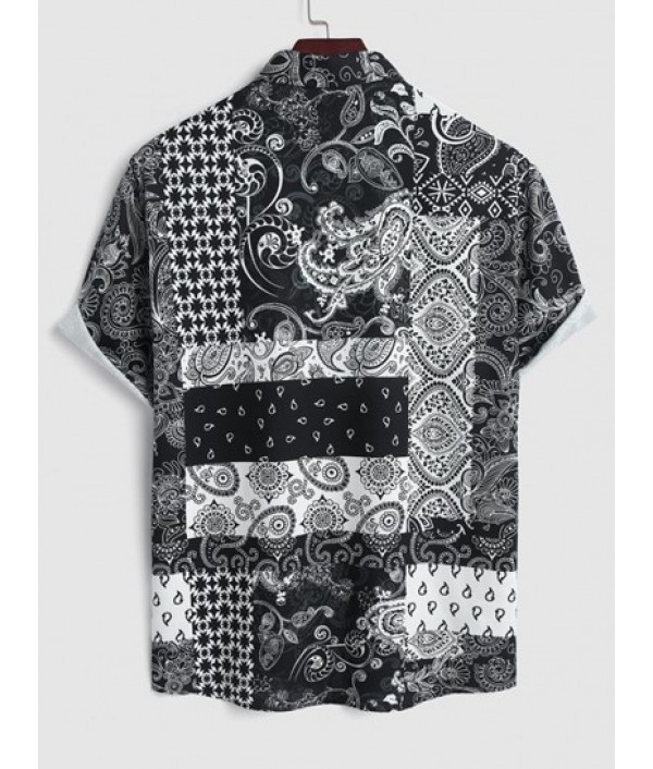 Men's Beach Vacation Ethnic Paisley Floral Patchwork Print Button Up Short Sleeve Shirt And Drawstring Pocket Bermuda Shorts Set