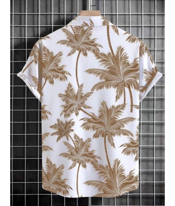 Coconut Tree Print Hawaiian Shirt With Cotton And Linen Textured Shorts Set