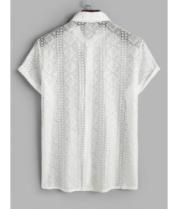 Geometric Pattern Sheer Openwork Shorts And Shirt Two Piece Set Geometric Pattern Sheer Openwork Shorts And Shirt Two Piece Set