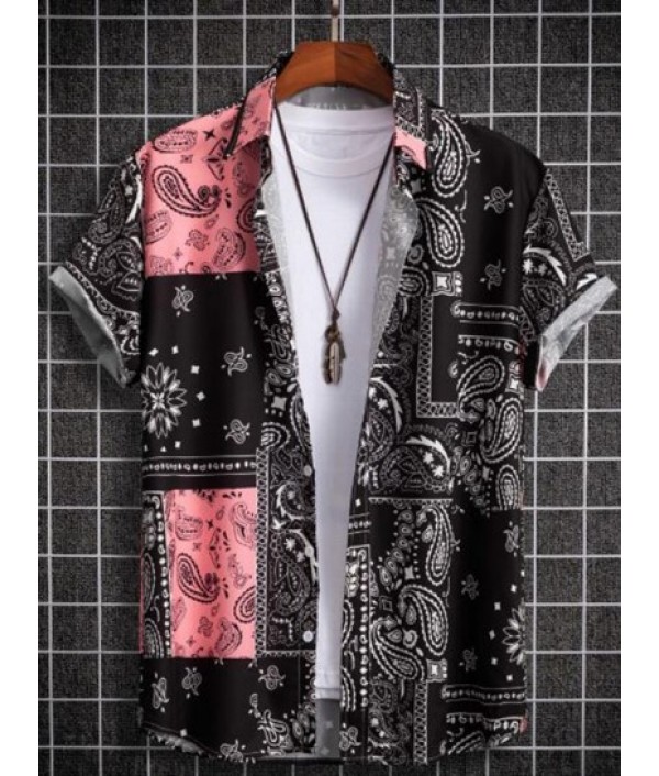 Men's Ethnic Style Paisley Floral Print Pattern Block Retro Casual Short Sleeves Shirt And Vacation Drawstring Board Shorts Set Men's Ethnic Style Paisley Floral Print Pattern Block Retro Casual Short Sleeves Shirt And Vacation Drawstring Board Shorts Set