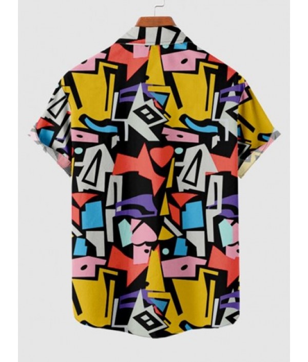 Colorful Geometric Printed Button Up Shirt And Basic Casual Shorts Set