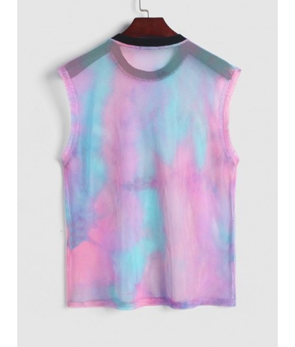 Men's See-through Loose Tie Dye Sheer Mesh Sleeveless Tank Top And Letter Pattern Multi-pockets Design Drawstring Cargo Shorts Set Men's See-through Loose Tie Dye Sheer Mesh Sleeveless Tank Top And Letter Pattern Multi-pockets Design Drawstring Cargo Shorts Set