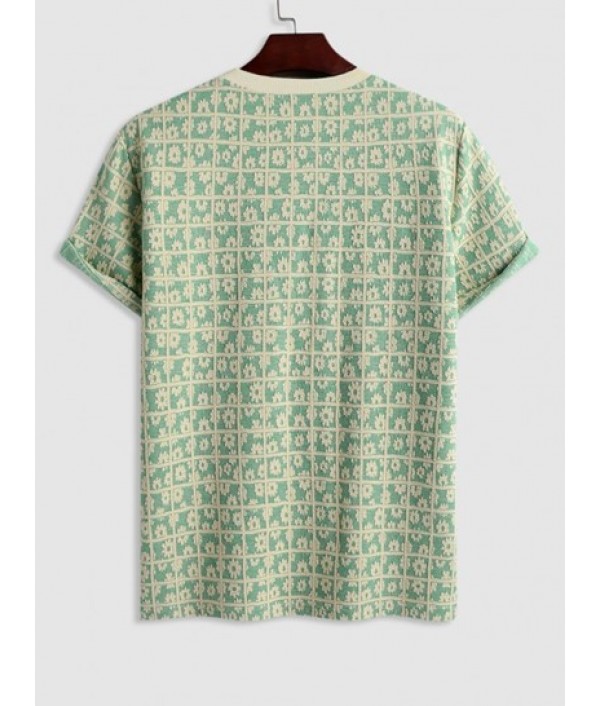 Men's Casual Athleisure Floral Checks Jacquard Textured Crew Neck Short Sleeves T Shirt Drawstring Shorts Two Piece Set