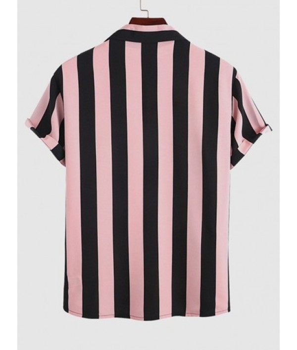 Men's Lapel Collar Short Sleeves Vertical Striped Colorblock Shirt With Basic Drawstring Shorts Set Men's Lapel Collar Short Sleeves Vertical Striped Colorblock Shirt With Basic Drawstring Shorts Set