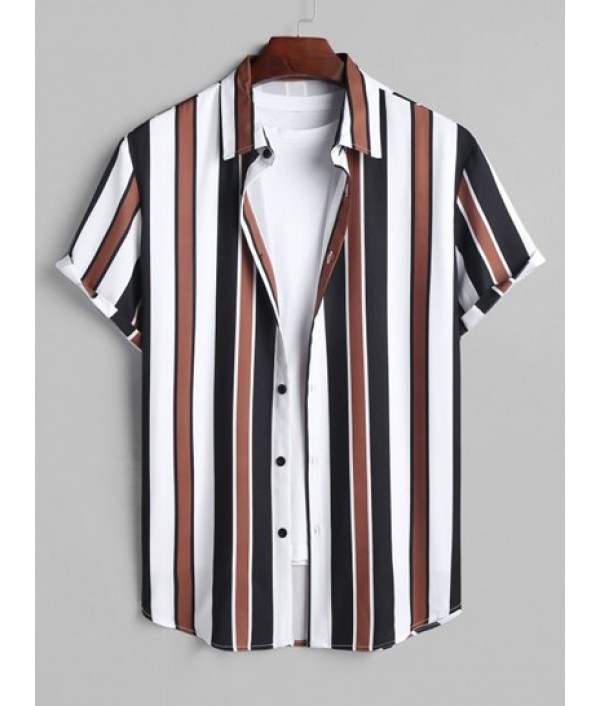 Men's Daily Casual Mix And Match Two Piece Set Vertical Stripes Button Up Short Sleeve Shirt With Drawstring Bermuda Shorts Set Men's Daily Casual Mix And Match Two Piece Set Vertical Stripes Button Up Short Sleeve Shirt With Drawstring Bermuda Shorts Set