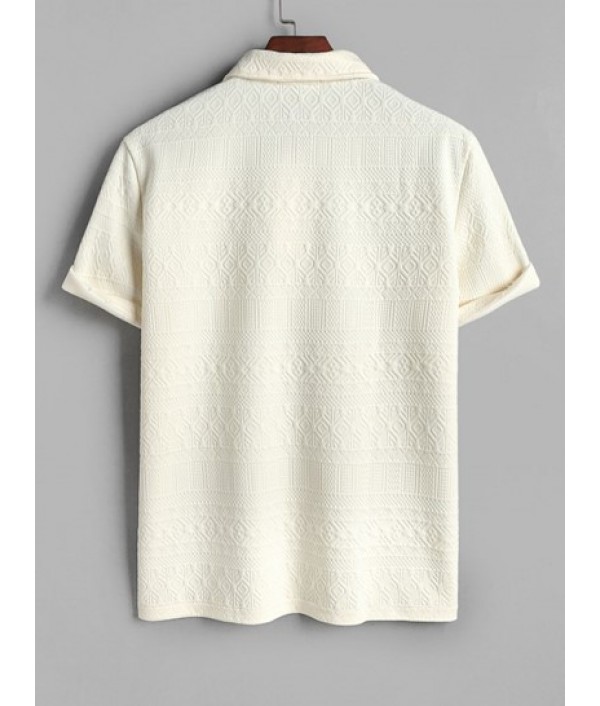 Geometric Retro Jacquard Textured Quarter Button Short Sleeves Polo Collared T Shirt And Shorts Set
