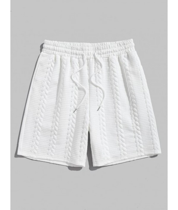 Men's Patched Design Bubble Twisted Striped Jacquard Crew Neck Short Sleeves T-shirt And Drawstring Sports Casual Shorts Set Men's Patched Design Bubble Twisted Striped Jacquard Crew Neck Short Sleeves T-shirt And Drawstring Sports Casual Shorts Set