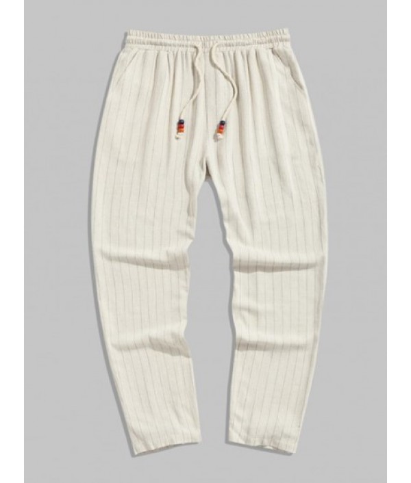 Men's Casual Plain Color Front Pocket Notch Neck Short Sleeves Pullover Shirt And Beading Drawstring Vertical Striped Vacation Ramie Pants Set Men's Casual Plain Color Front Pocket Notch Neck Short Sleeves Pullover Shirt And Beading Drawstring Vertical Striped Vacation Ramie Pants Set
