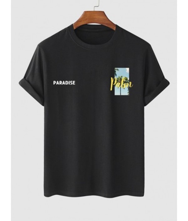 Men's Coconut Tree Letter Peace Doves Pattern Summer Vacation Short Sleeves Crew Neck T-shirt And Letter Striped Pattern Sport Sweat Shorts Set