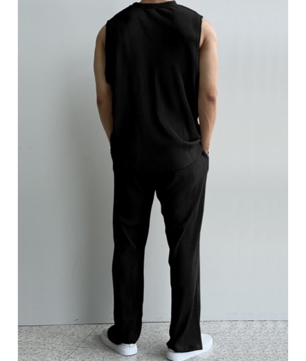 Men's Casual Basic Two Piece Set Solid Color Crew Neck Ribbed Textured Plain Tank Top Sleeveless T Shirt Drawstring Pants Set Men's Casual Basic Two Piece Set Solid Color Crew Neck Ribbed Textured Plain Tank Top Sleeveless T Shirt Drawstring Pants Set