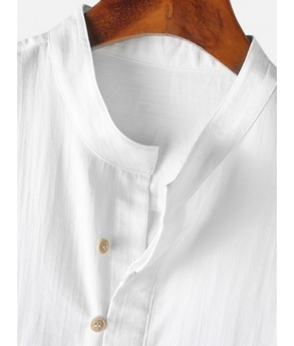 Men's Stand Collar Solid Color Buttons Short Sleeves High Low Casual Shirt And Cotton And Linen Textured Cuffed Shorts Set