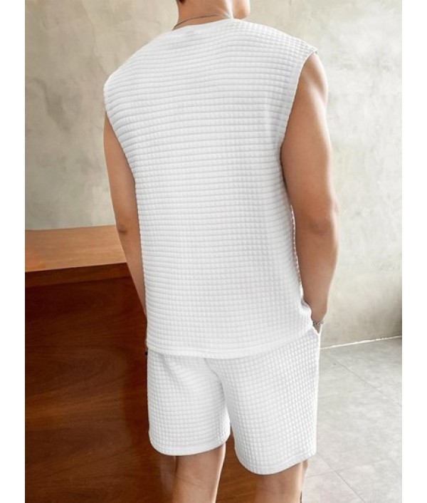 Solid Color Textured Tank Top And Shorts Sports Set Solid Color Textured Tank Top And Shorts Sports Set