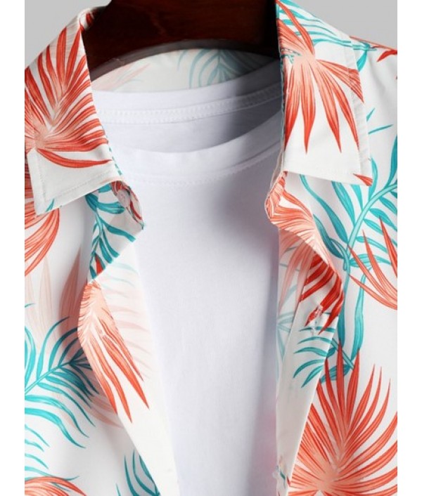Tropical Leaves Pattern Short Sleeves Shirt And Solid Color Board Shorts Hawaiian Set