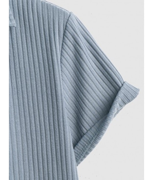 Men's Basic Minimalist Solid Color Ribbed Textured Turndown Collar Pullover Short Sleeves T-shirt And Drawstring Shorts Set Men's Basic Minimalist Solid Color Ribbed Textured Turndown Collar Pullover Short Sleeves T-shirt And Drawstring Shorts Set