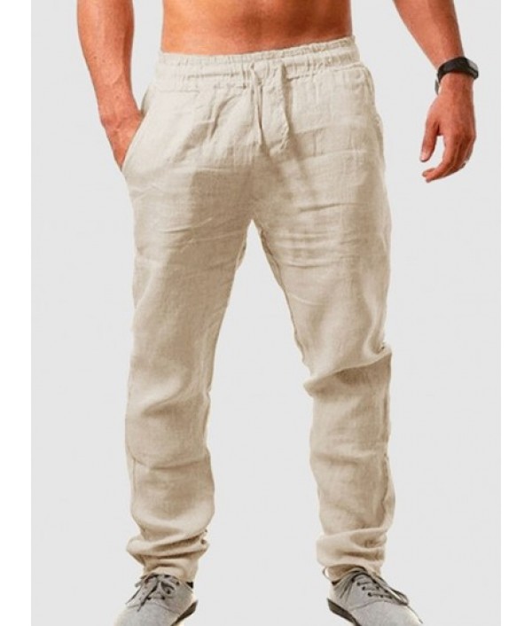 Men's Stand Collar Solid Color Buttons Short Sleeves High Low Casual Shirt And Basic Drawstring Linen Pants Set