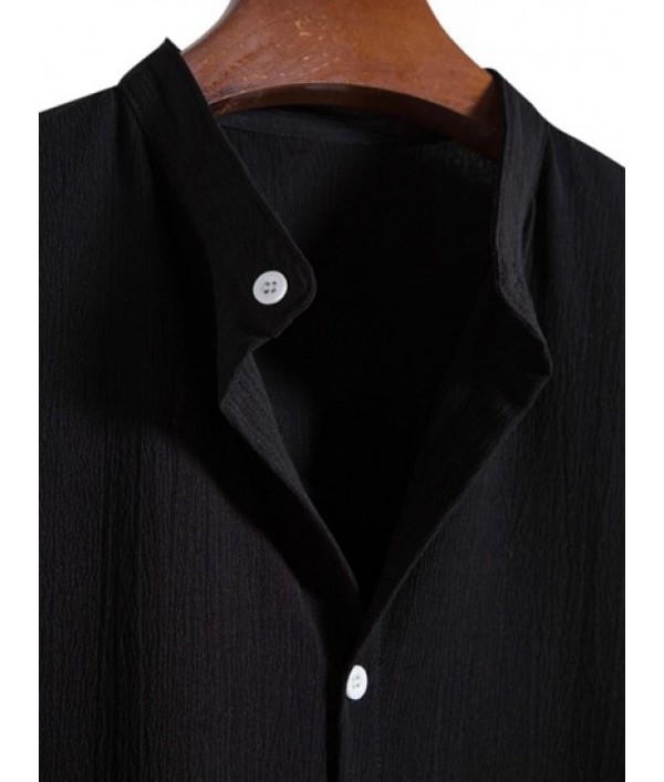 Solid Color Stand Collar Short Sleeves Shirt And Casual Shorts Set