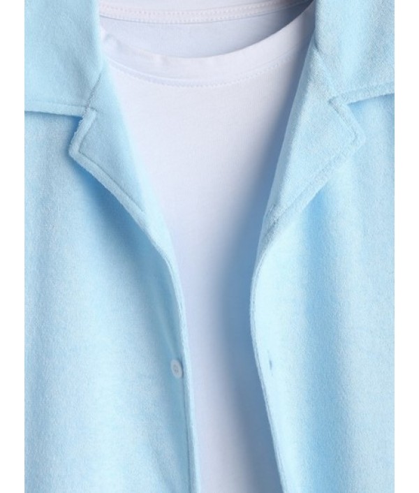 Men's Solid Color Lapel Collar Terry Cloth Button Front Short Sleeves Shirt And Terry Cloth Drawstring Casual Shorts Set Men's Solid Color Lapel Collar Terry Cloth Button Front Short Sleeves Shirt And Terry Cloth Drawstring Casual Shorts Set