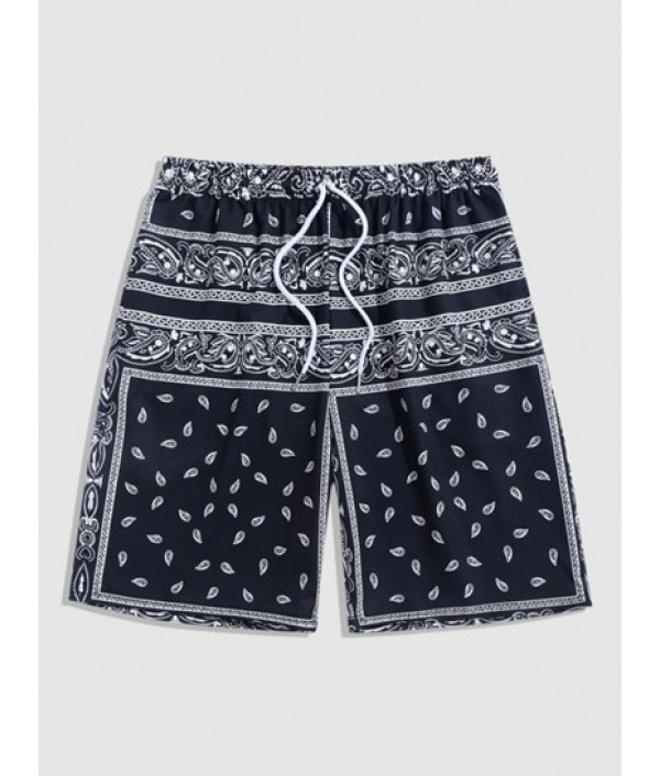 Men's Co Ord Two Piece Set Summer Vacation Ethnic Paisley Scarf Print Short Sleeve Round Neck T Shirt With Drawstring Pocket Bermuda Shorts Set