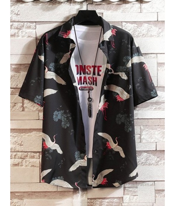 Men's Beach Vacation Matching Co Ord Chinese Style Crane Floral Print Short Sleeve Button Up Shirt And Drawstring Pockets Shorts Two Piece Set