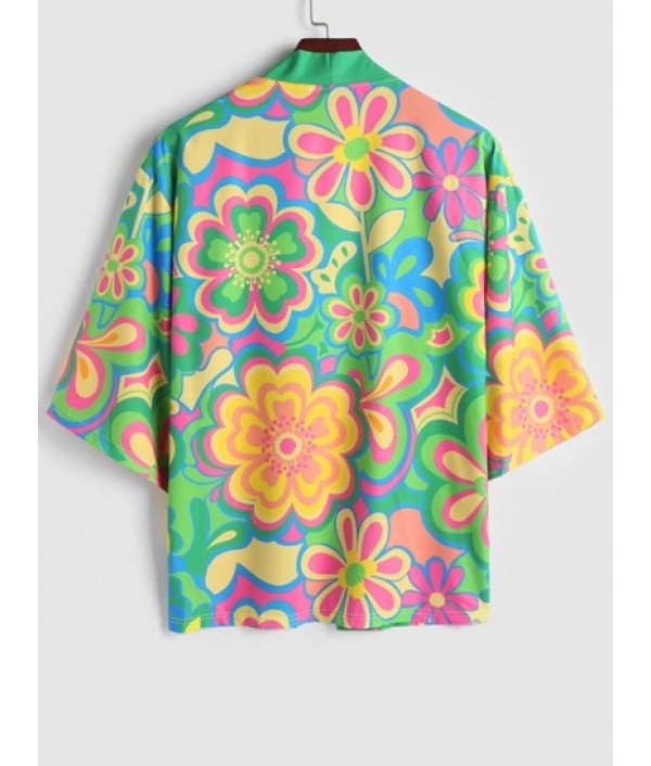 Colorful Floral Pattern Open Front Kimono With Vacation Beach Shorts Set