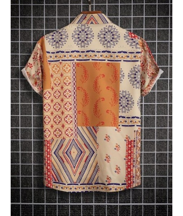 Retro Floral Print Patternblock Beach Vacation Shirt And Basic Casual Shorts Set Retro Floral Print Patternblock Beach Vacation Shirt And Basic Casual Shorts Set