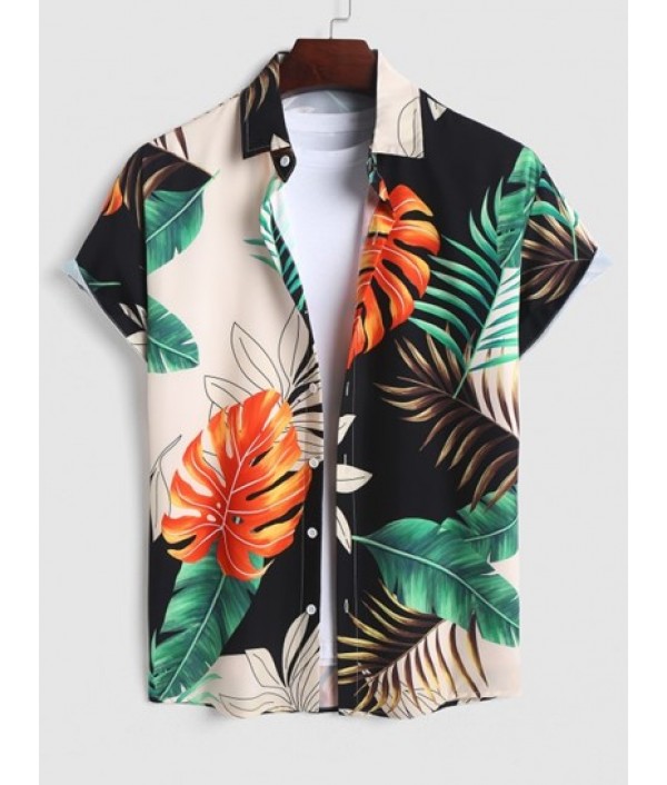 Men's Tropical Palm Leaves Printed Short Sleeves Button Front And Drawstring Shorts Vacation Set Men's Tropical Palm Leaves Printed Short Sleeves Button Front And Drawstring Shorts Vacation Set
