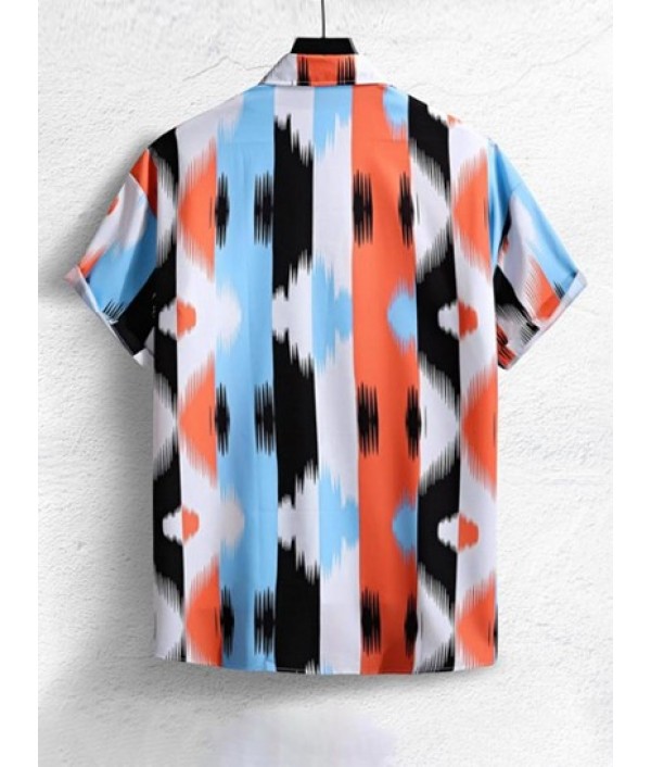 Men's Casual Beach Vacation Short Sleeves Abstract Print Colorblock Shirt And Basic Shorts Set