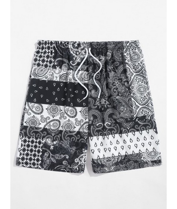 Men's Beach Vacation Ethnic Paisley Floral Patchwork Print Button Up Short Sleeve Shirt And Drawstring Pocket Bermuda Shorts Set
