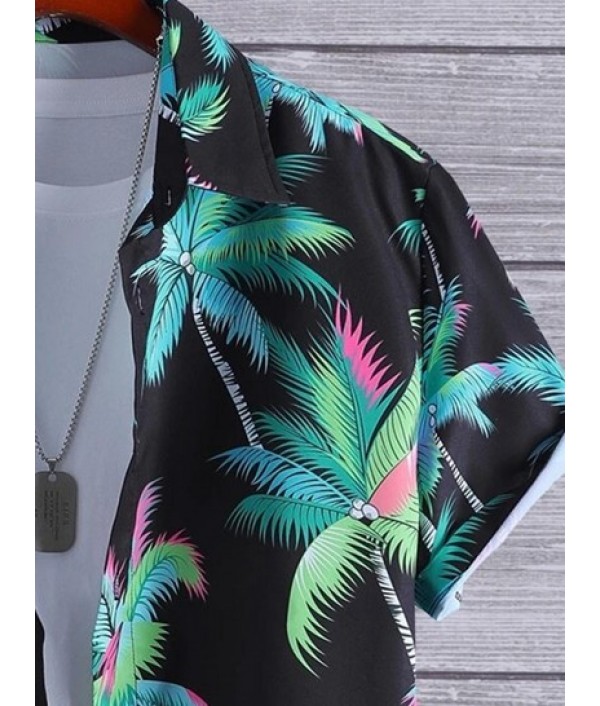 Men's Beach Vacation Hawaii Two Piece Set Allover Coconut Tree Print Button Up Shirt With Drawstring Bermuda Shorts Set