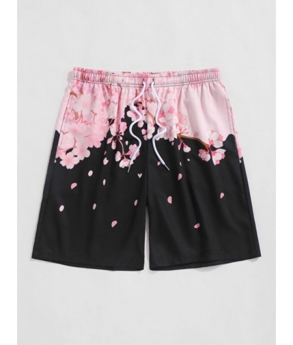 Sakura Pattern Open Front Kimono And Floral Print Pocket Beach Shorts Set Sakura Pattern Open Front Kimono And Floral Print Pocket Beach Shorts Set