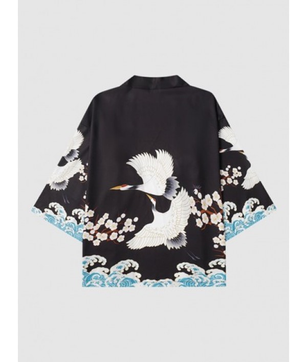 Sea Waves And Flower Print Kimono With Shorts Two Piece Set Sea Waves And Flower Print Kimono With Shorts Two Piece Set