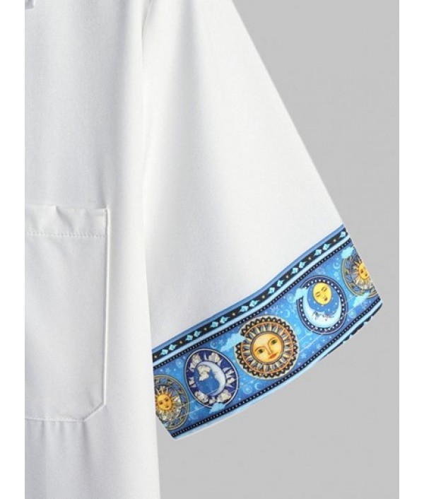 Men's Sun And Moon Galaxy Print Colorblock Lapel Collar Short Sleeves Summer Beach Vacation Shirt And Drawstring Shorts Set Men's Sun And Moon Galaxy Print Colorblock Lapel Collar Short Sleeves Summer Beach Vacation Shirt And Drawstring Shorts Set