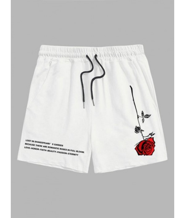Men's Matching Letter Rose Graphic Printed Short Sleeve T-shirt With Casual Drawstring Shorts Set Men's Matching Letter Rose Graphic Printed Short Sleeve T-shirt With Casual Drawstring Shorts Set