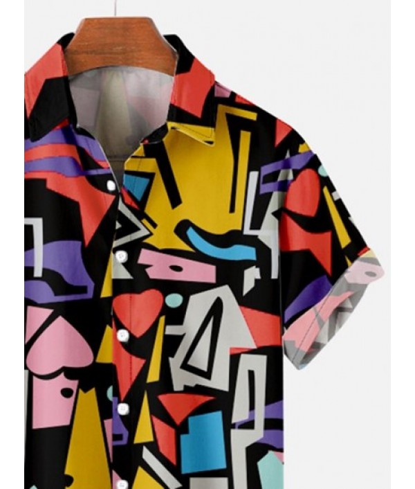 Colorful Geometric Printed Button Up Shirt And Basic Casual Shorts Set
