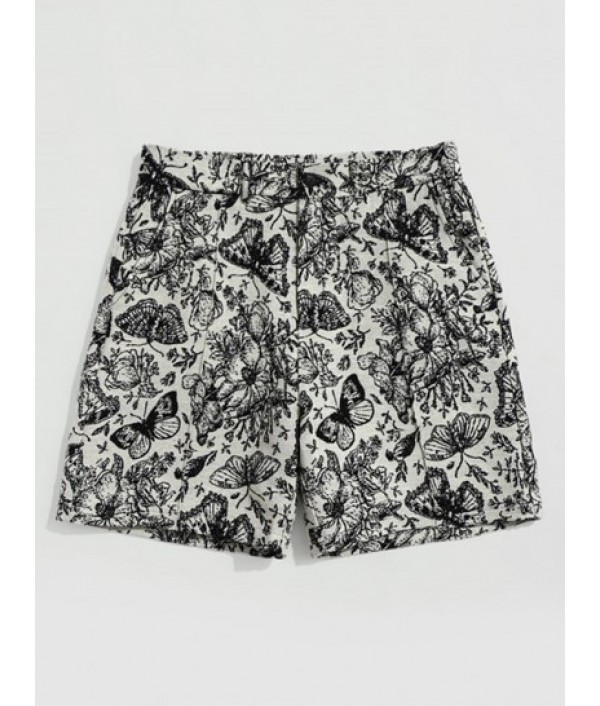 Men's Slogan Butterfly Pattern Crew Neck Short Sleeves T-shirt And Floral Print Jacquard Shorts Casual Set