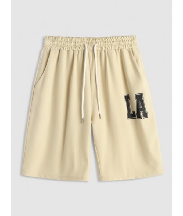 LA Print Stand Collar Short Sleeve Shirt With Drawstring Pocket Shorts Set LA Print Stand Collar Short Sleeve Shirt With Drawstring Pocket Shorts Set