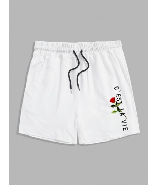 2Pcs Sculpture Floral Rose Printed T-shirt And C'EST LA VIE Drawstring Shorts Set