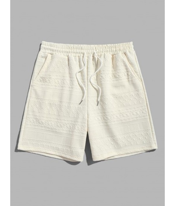 Geometric Retro Jacquard Textured Quarter Button Short Sleeves Polo Collared T Shirt And Shorts Set